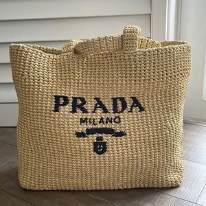 Prada Raffia Embroidered Tote in Naturale